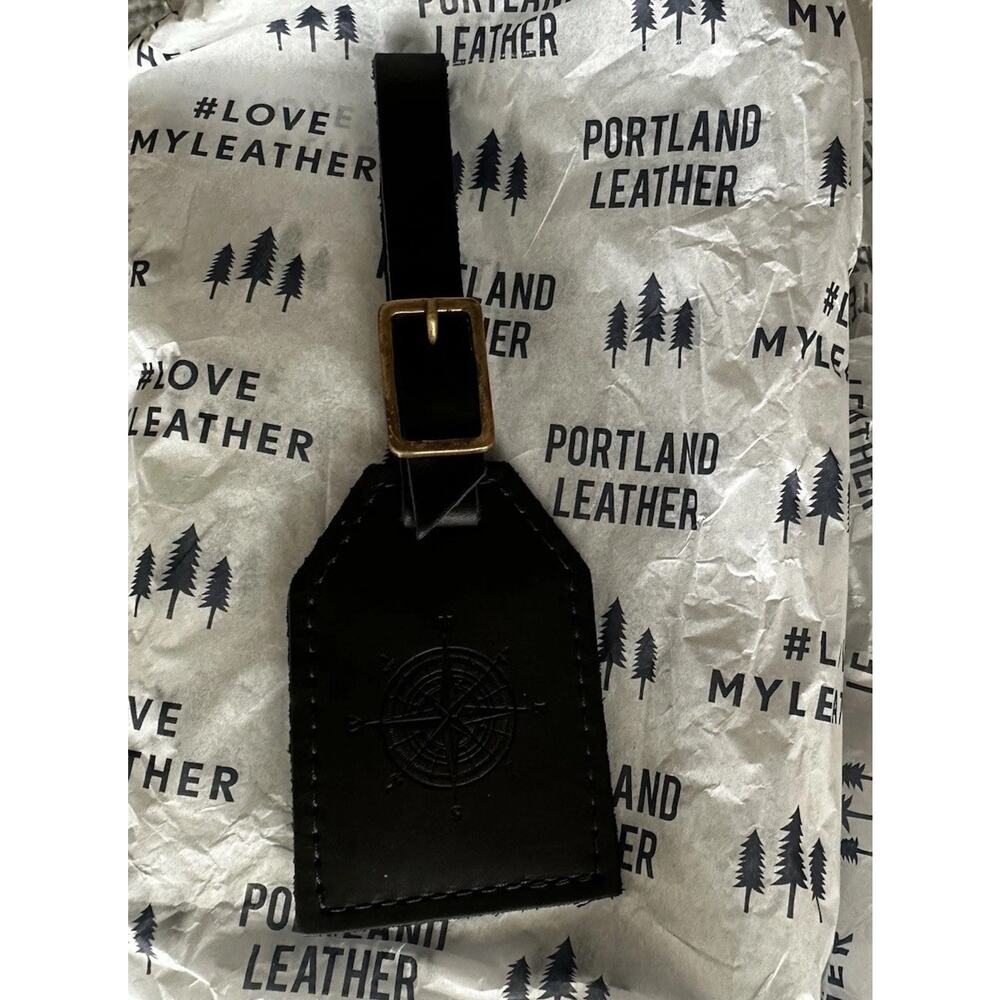 New Portland Leather Goods Luggage Tag Black Leather Brass Hardware NWOT